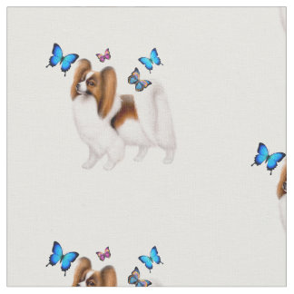 Papillon Dog met Butterflies Cotton Fabric. Stof
