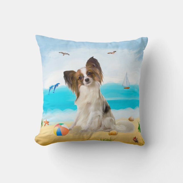 Papillon Dog op strand Kussen (Voorkant)