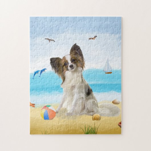 papillon Dog op strand Legpuzzel (Verticaal)