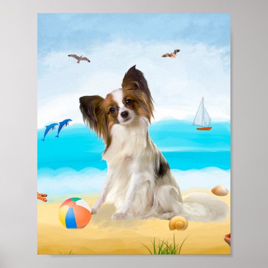 Papillon Dog op strand Poster (Voorkant)