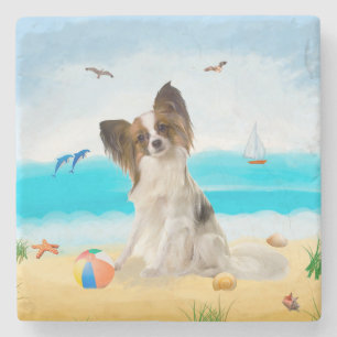 Papillon Dog op strand Stenen Onderzetter