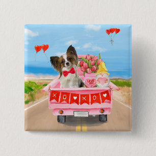 Papillon Dog Valentijnsdag Truck Hearts Vierkante Button 5,1 Cm