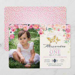 Papillon d'or et Invitation d'anniversaire rose Fl