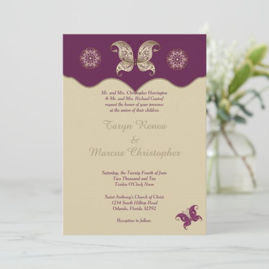 Papillon d'or violet 5x7 Faire-part de mariage (Debout devant)