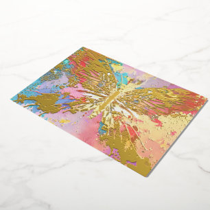 papillon doré, feuille d'or, carte bleu violet ros