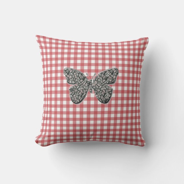 Papillon Élégant Sur En vichy Coussin Rouge (Recto)