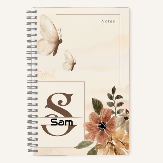 Papillon et Carnet spiral floral avec S initial (Recto)
