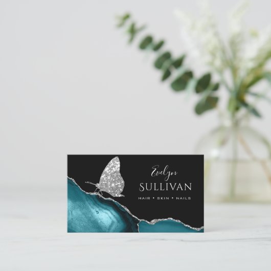 papillon et carte de visite d'agate turquoise (Debout devant)