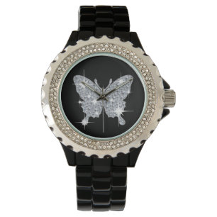 Papillon étincelant en diamant glamé sur montre 