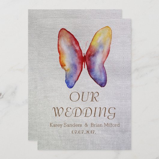 Papillon, Faire-part de mariage en toile rustique (Devant / Derrière)