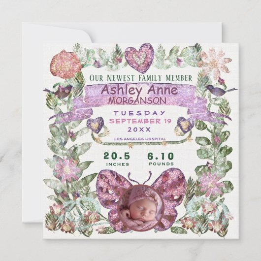 Papillon faire-part de naissance à aquarelle (Devant)