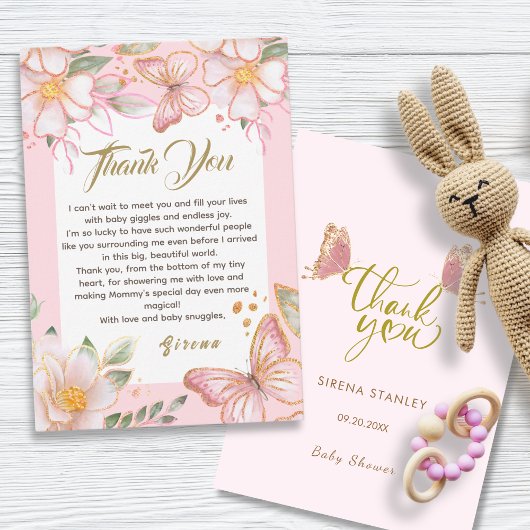 Papillon & Fleurs Carte de remerciements rose mou