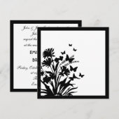 Papillon floral blanc noir invitations simples (Devant / Derrière)