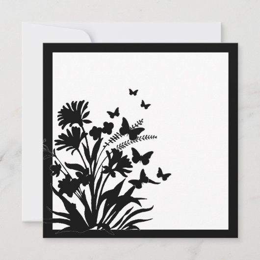 Papillon floral blanc noir invitations simples (Devant)