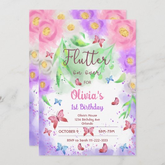 Papillon floral coloré Invitation d'anniversaire (Devant / Derrière)