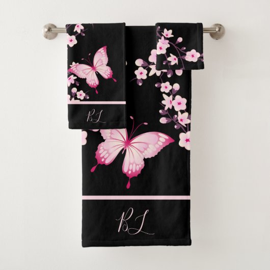 Papillon floral noir rose monogramme (En situation)