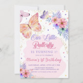 Papillon Floral Rose Girls Invitation Anniversaire (Devant)