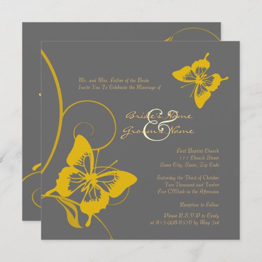 Papillon gris et jaune Faire-part de mariage (Devant / Derrière)