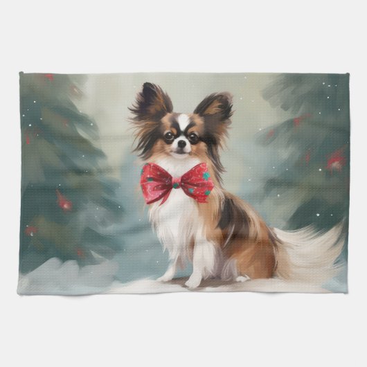 Papillon-hond in de sneeuw met Kerstmis Theedoek (Horizontaal)