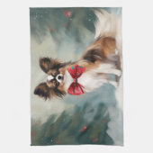 Papillon-hond in de sneeuw met Kerstmis Theedoek (Verticaal)