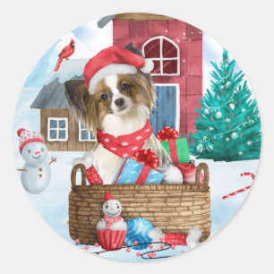 Papillon-hond in sneeuw Kerstmis Hondenhok Ronde Sticker