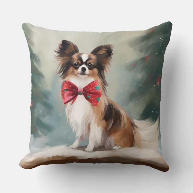 Papillon Hond in Sneeuw Kerstmis Kussen (Voorkant)