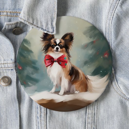 Papillon Hond in Sneeuw Kerstmis Ronde Button 6,0 Cm (In situ)