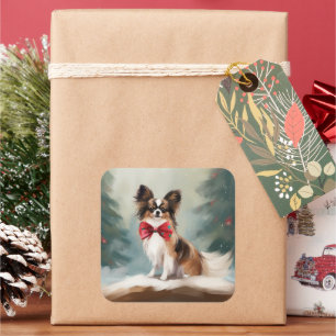 Papillon-hond in sneeuw Kerstmis Vierkante Sticker