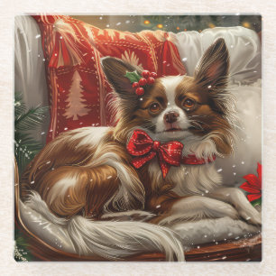 Papillon Hond Kerstfeest Glazen Onderzetter