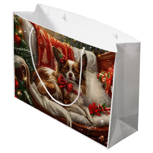 Papillon Hond Kerstfeest Groot Cadeauzakje (Achterkant Gekanteld)