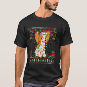 Papillon Hond Kerstverlichting Santa Ugly Sweater  T-shirt