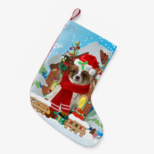 Papillon-hond met kerstcadeaus kleine kerstsok (Voorkant (Hangend))