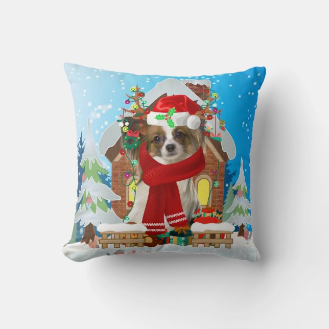Papillon-hond met kerstcadeaus kussen (Voorkant)