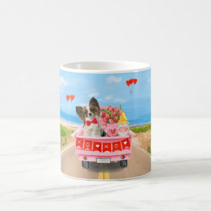 Papillon-hond Valentijnsdag vrachtwagen harten Koffiemok