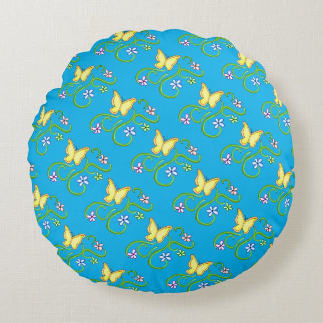 Papillon jaune avec fleurs de printemps Coussin ro (Devant)