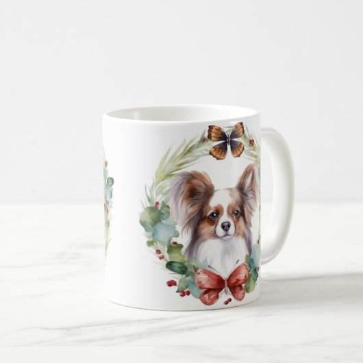 Papillon Kerstkrans feestelijke pup Koffiemok (Voorkant rechts)