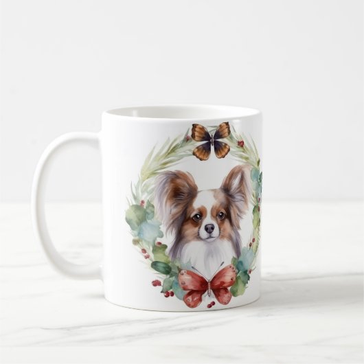 Papillon Kerstkrans feestelijke pup Koffiemok (Links)