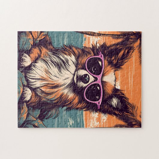 Papillon met zonnebril op het strand legpuzzel (Horizontaal)