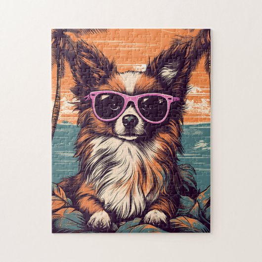 Papillon met zonnebril op het strand legpuzzel (Verticaal)