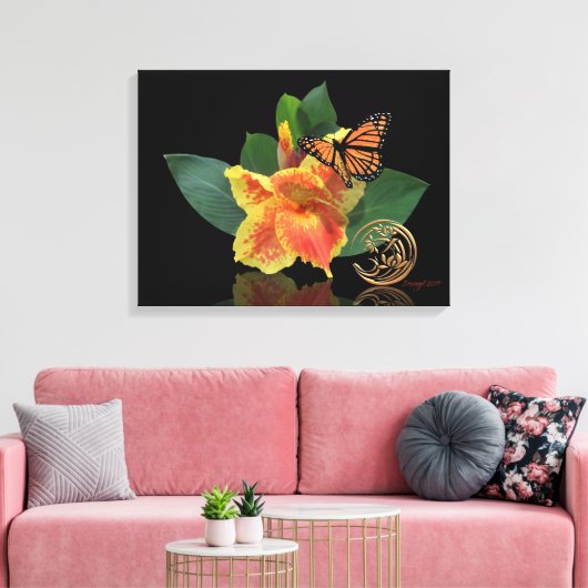 Papillon monarque et Lys canne sur toile (Insitu(Salon))