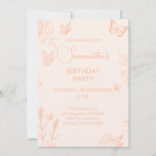 Papillon Peach Fuzz Invitation Anniversaire (Devant)
