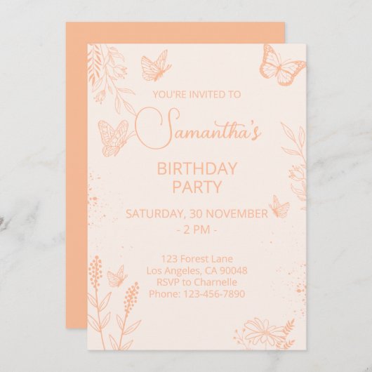 Papillon Peach Fuzz Invitation Anniversaire (Devant / Derrière)