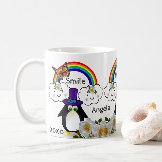 Papillon pingouin arc-en-ciel nuages Mug (Avec donut)