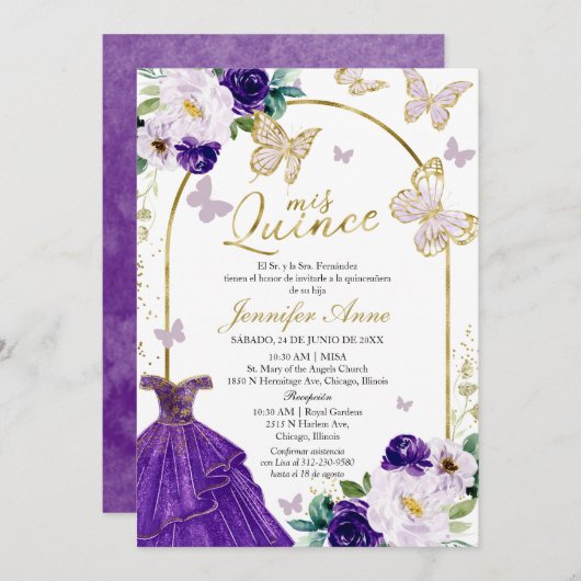 Papillon pourpre espagnol Quinceanera Invitations (Devant / Derrière)