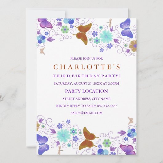 Papillon pourpre et joli | Invitation d'anniversai (Devant)