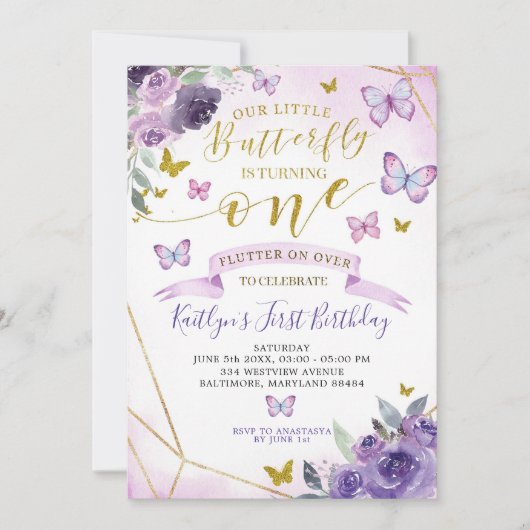 Papillon pourpre et or 1er anniversaire Invitation (Devant)