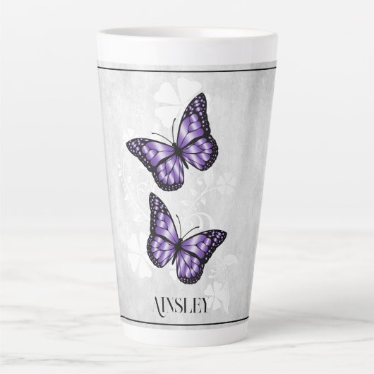 Papillon pourpre Floral Latte Mug personnalisé (Devant)