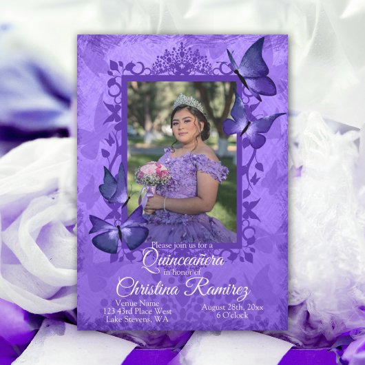 Papillon pourpre, Invitation Quinceanera fantaisie
