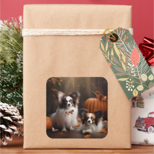 Papillon Puppy Autumn Delight Pompoen Vierkante Sticker