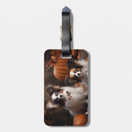 Papillon Puppy Herfst Delight Pompoen Bagagelabel (Achterkant verticaal)